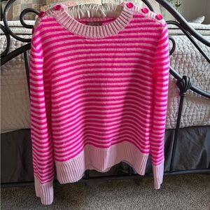 J. Crew Cashmere Hot Pink & Light Pink Striped Button-Shoulder Sweater